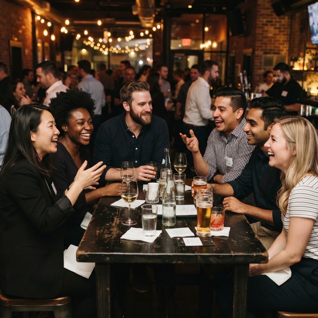 Diverse professionals networking at a group meetup
