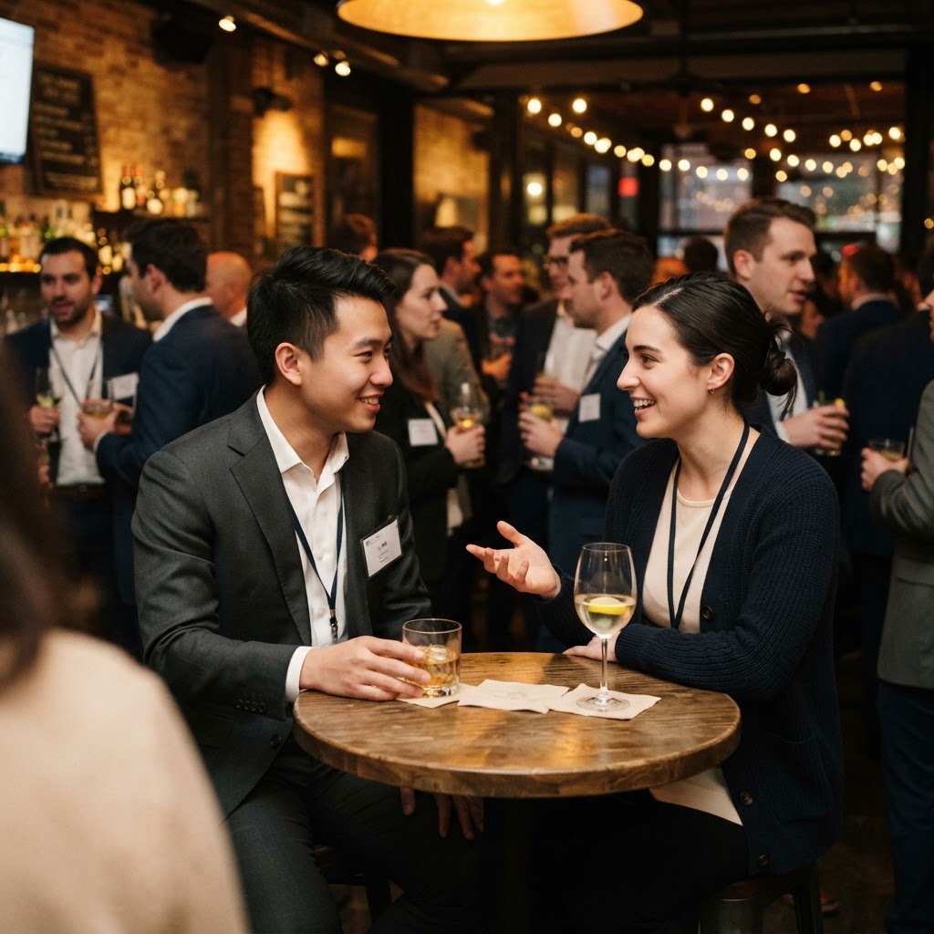 Two professionals in conversation across a table at an event