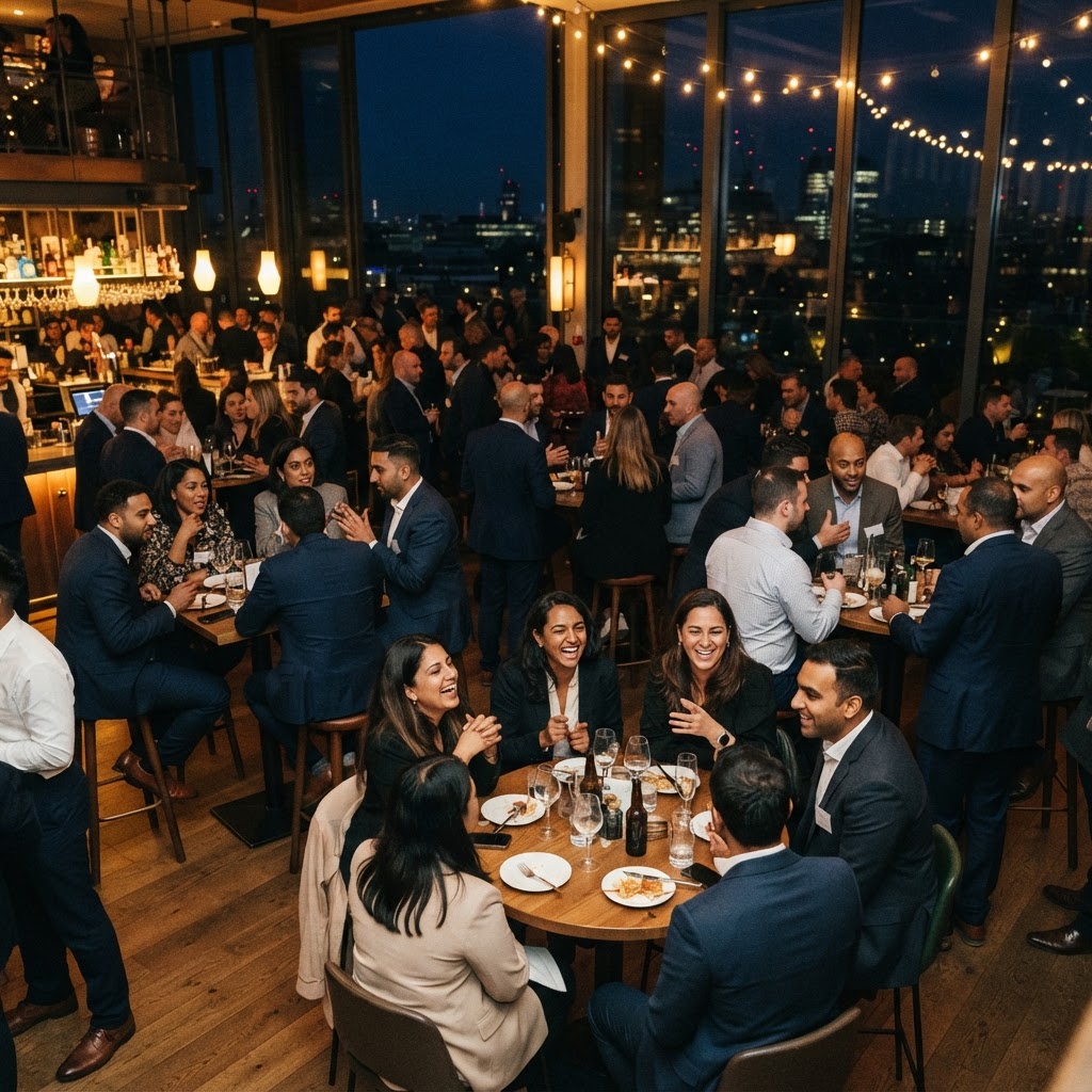 Professionals seated at tables connecting at an evening networking event