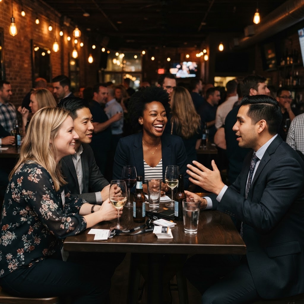 Diverse professionals in suits and business casual talking at a table