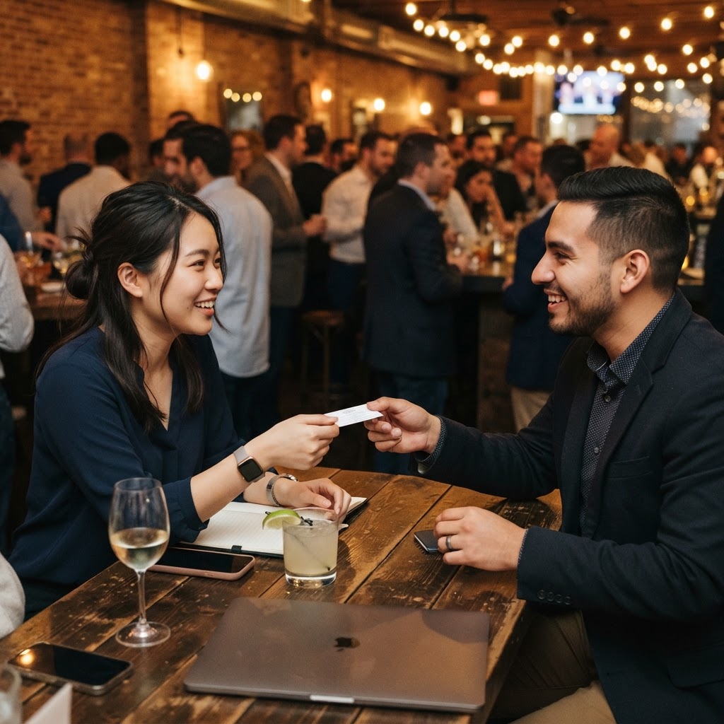 Professionals exchanging a business card across a table