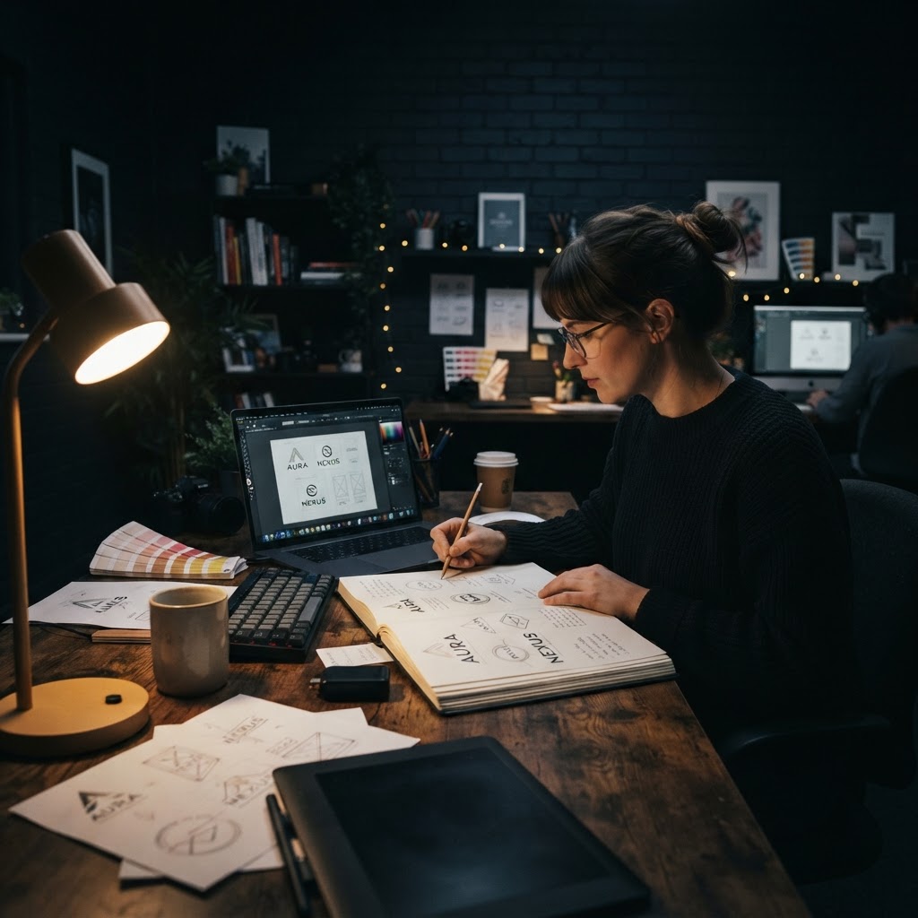 Digital and marketing professionals sharing member offers — design studio at night