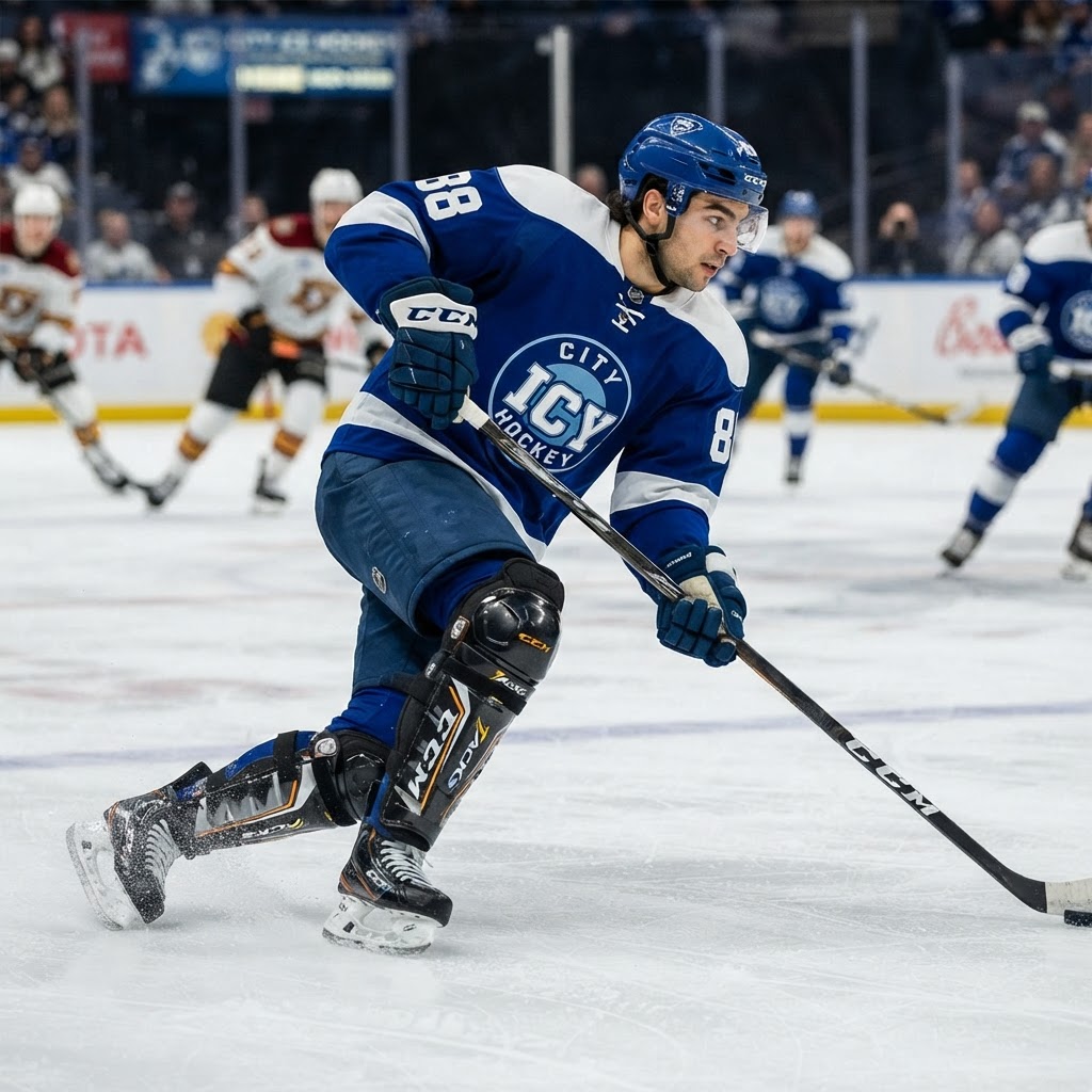 Hockey player showing shin guard flexibility