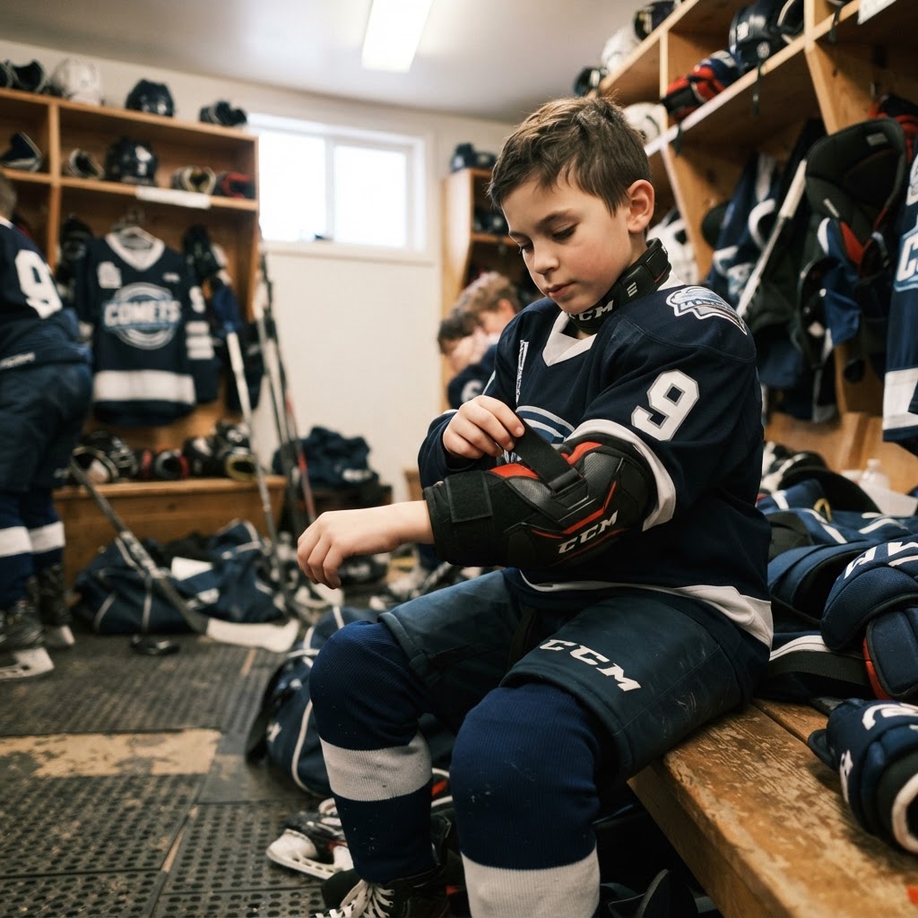 Youth hockey player fitting elbow pads