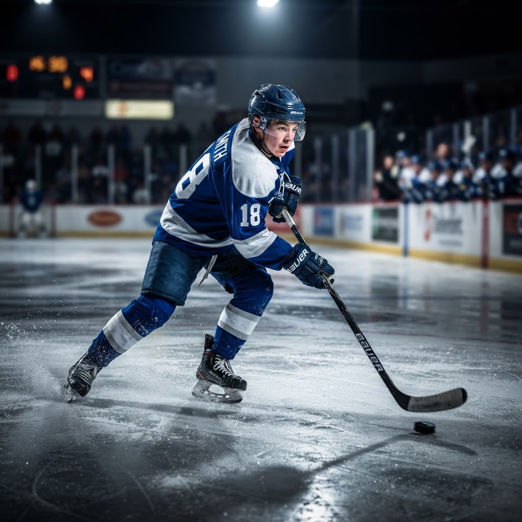 Hockey player stick handling on the ice