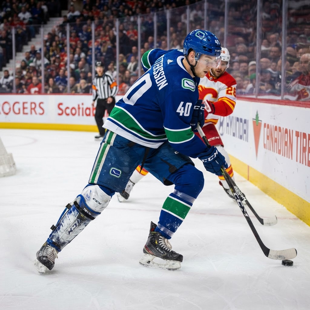 Professional hockey player wearing protective shin guards