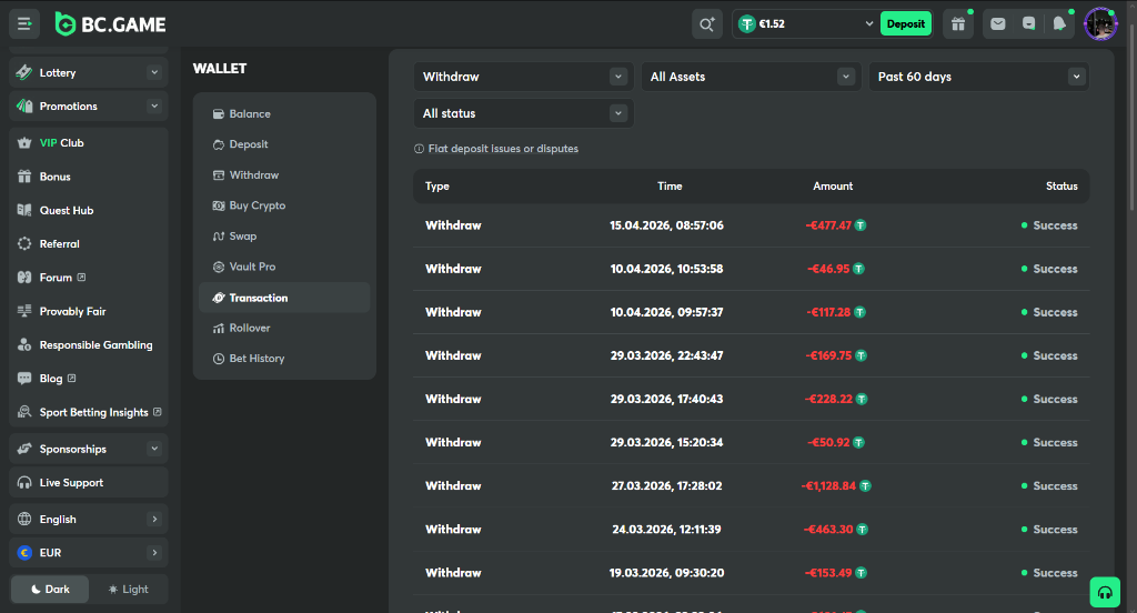 BC.Game Withdrawal Interface – Instant Crypto Payouts mit Transaction History
