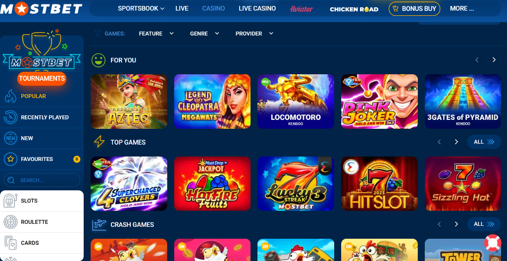Mostbet Casino Interface – Dashboard mit Sports, Casino Games und Promotions