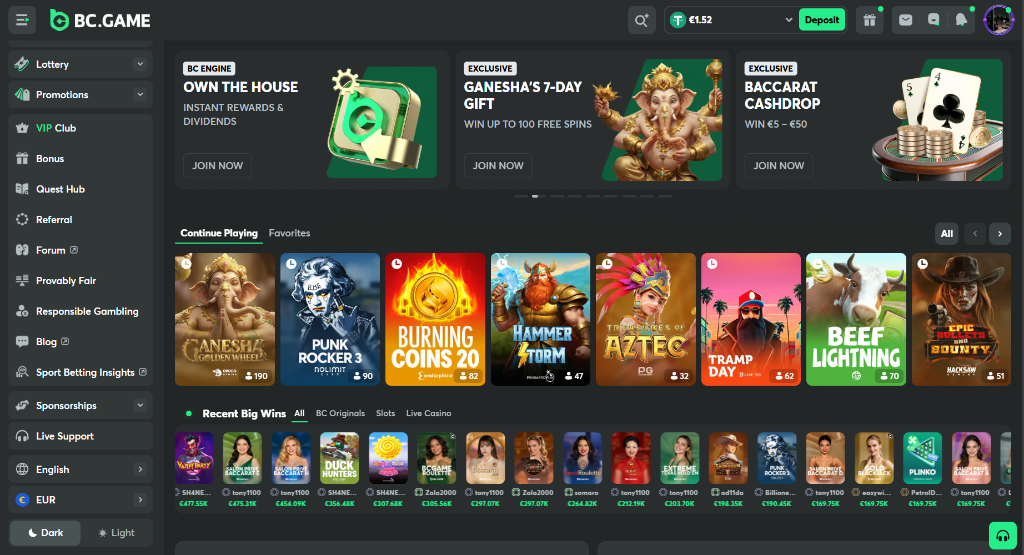 BC.Game Casino Interface – Dashboard mit Slots, Promotions und Live Features