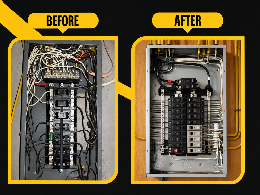 Residential 200A panel upgrade before and after by Gold Electric Bend Oregon
