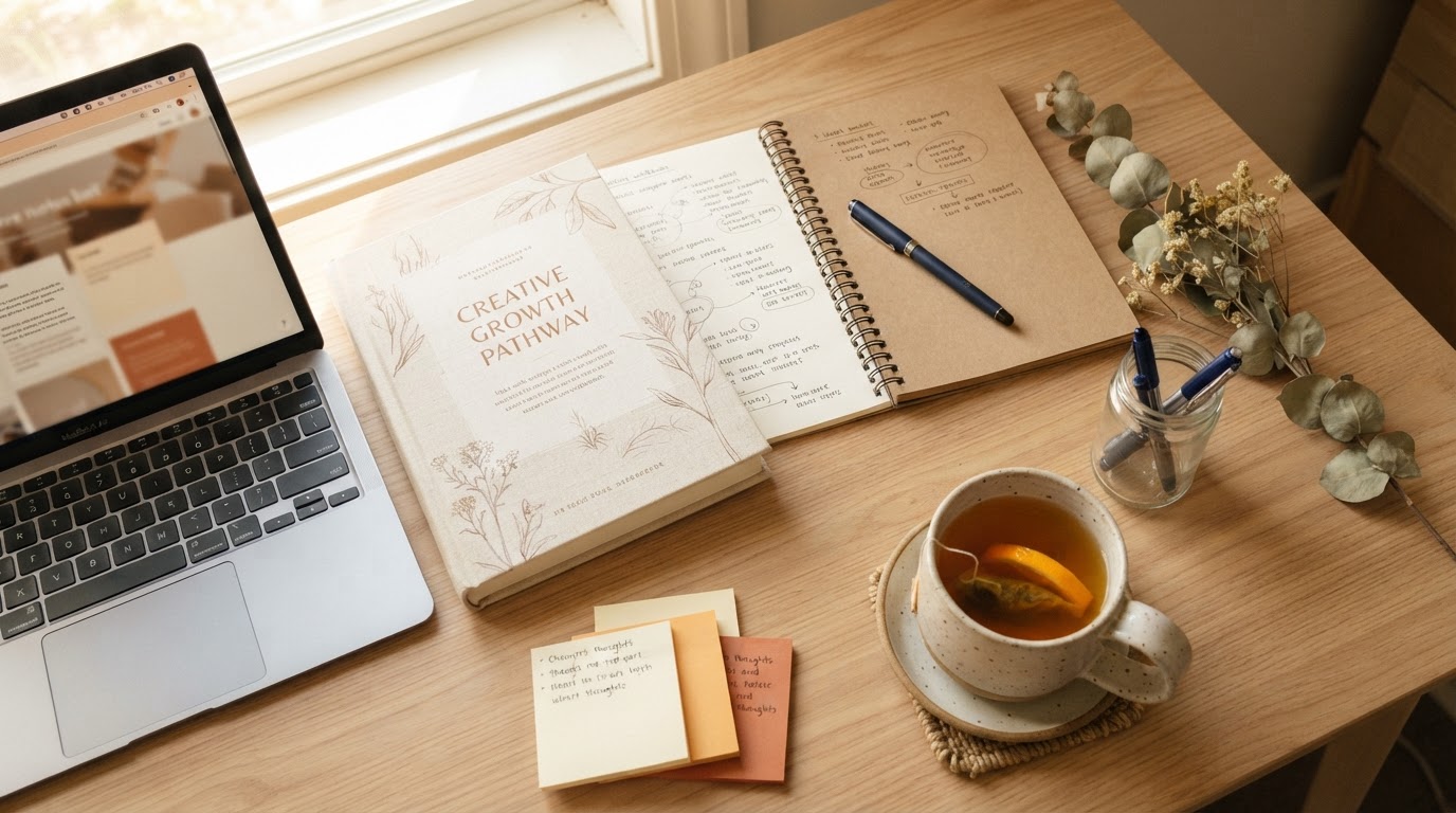 Warm-lit workspace with workbook and laptop