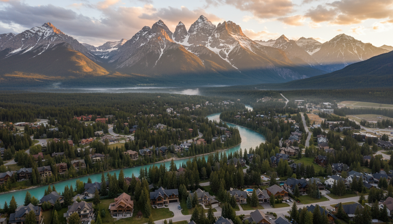 Aerial view of Canmore Alberta in the Canadian Rockies