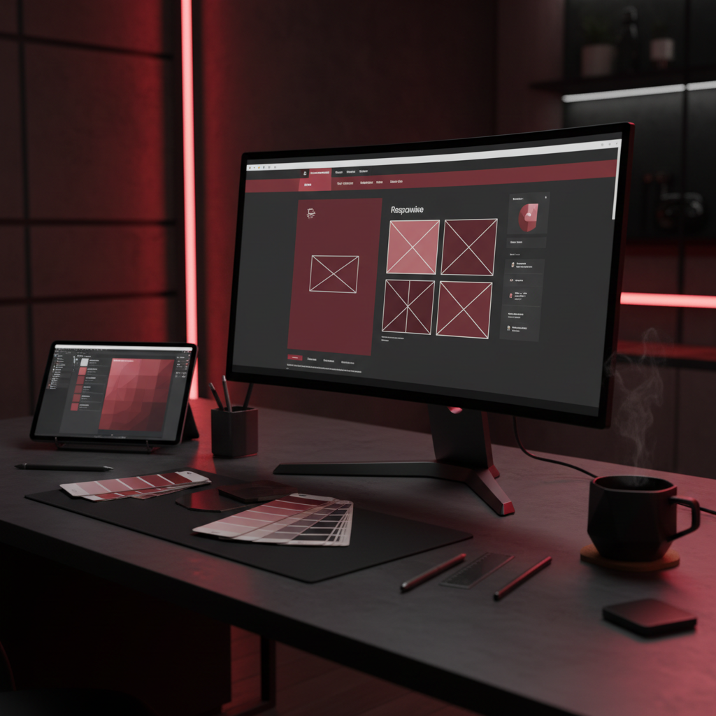 NetWest web design workspace with website wireframe on monitor