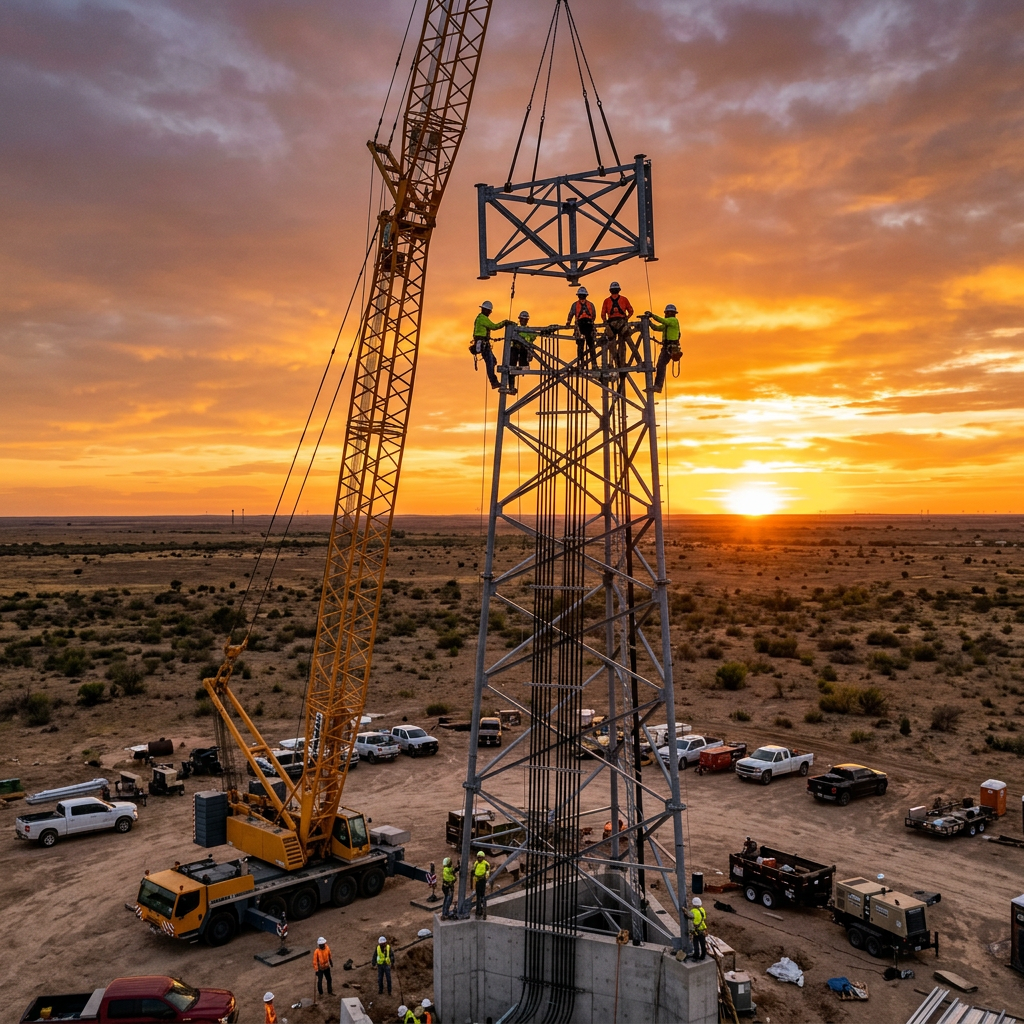 Telecom tower construction in Midland, TX