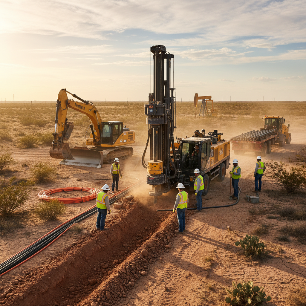 Directional boring machine for underground fiber installation in Odessa, TX