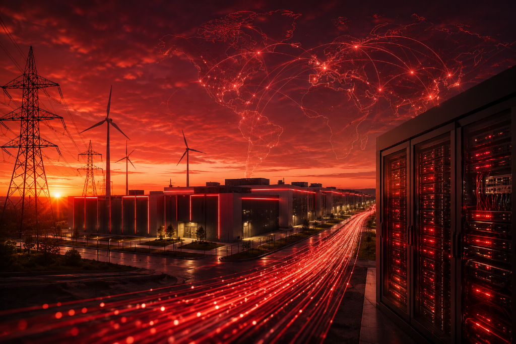 AI data center infrastructure campus with power and fiber connectivity