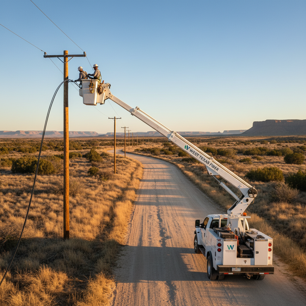 Bucket truck crew hanging aerial fiber on utility poles in Odessa, TX