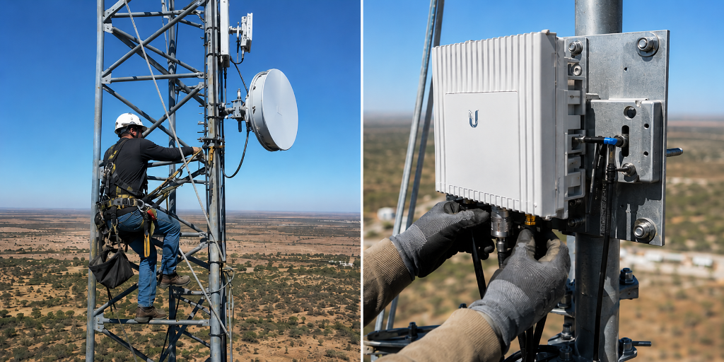 NetWest tower technician servicing a microwave dish (left) and close-up of gloved hands installing Ubiquiti network equipment on a tower mount (right)