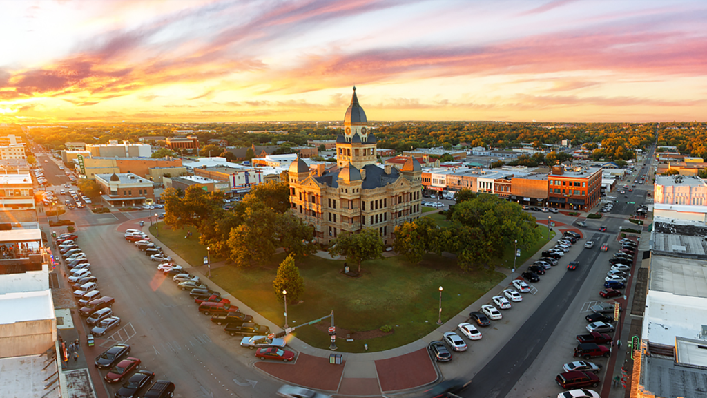 Denton Texas historic courthouse downtown aerial view