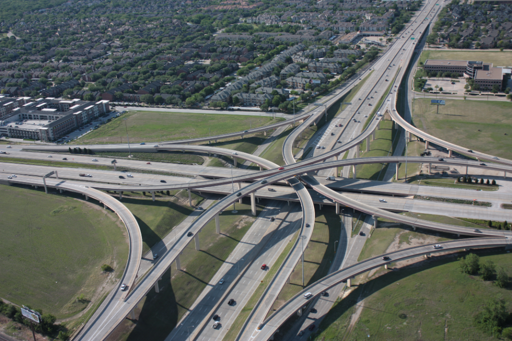 Texas highway interchange aerial view North Dallas commute