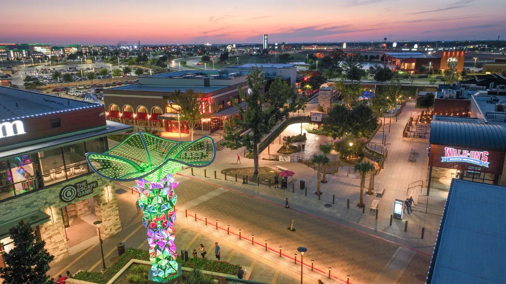Grandscape entertainment district at sunset in The Colony, Texas