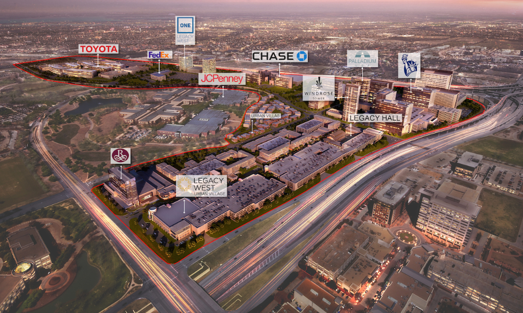 Park at Legacy Plano Texas — JCPenney campus redevelopment aerial view showing Legacy West, AT&T campus, and Legacy Drive corridor