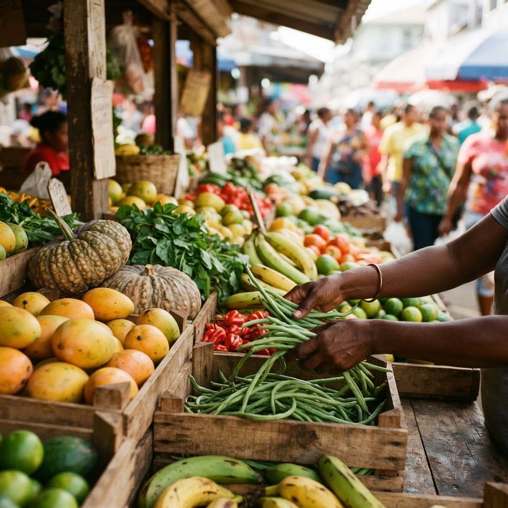 Fresh local produce on a market stall in Guyana