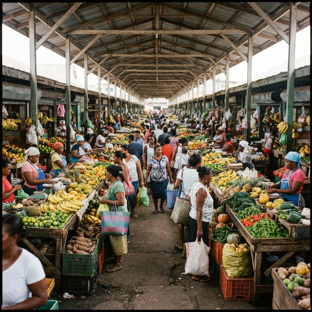 Covered market stalls filled with fresh fruit and vegetables in Guyana