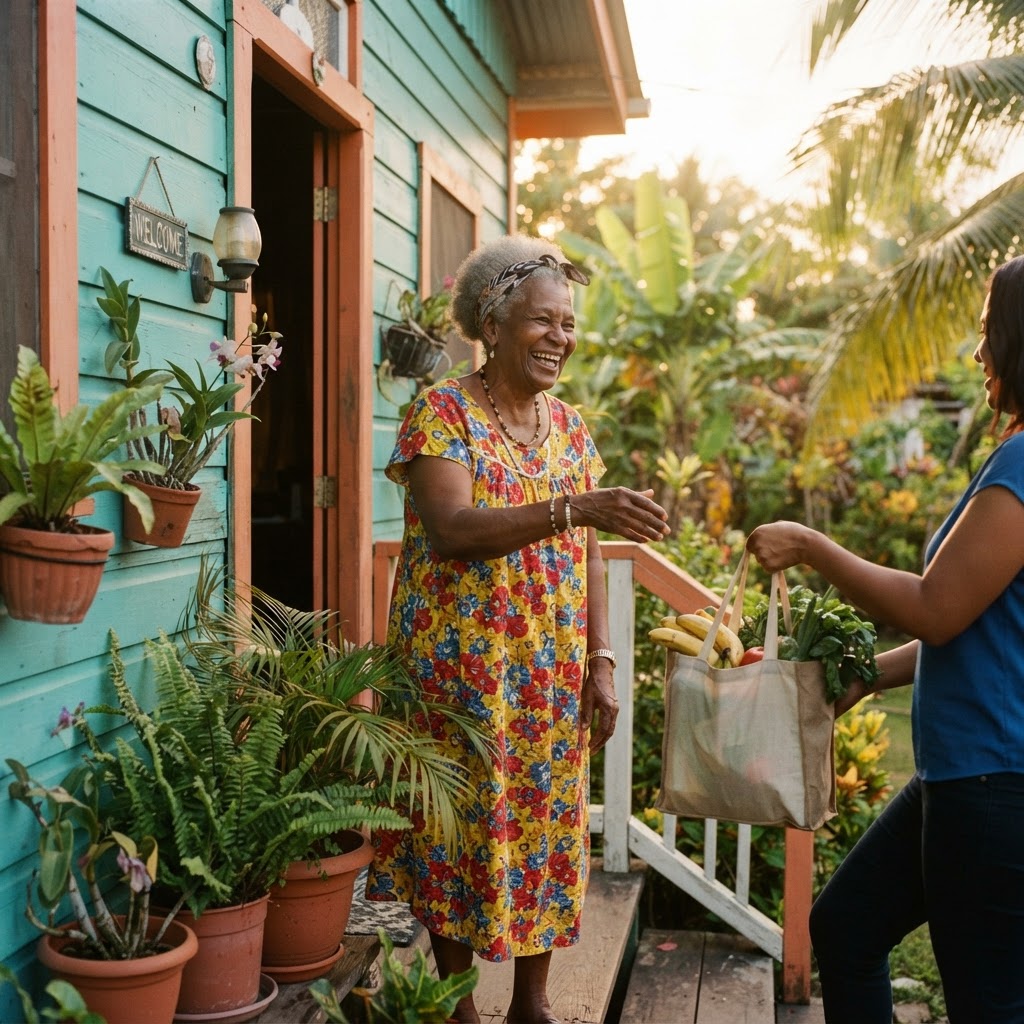 A family member in Guyana receiving groceries at her door