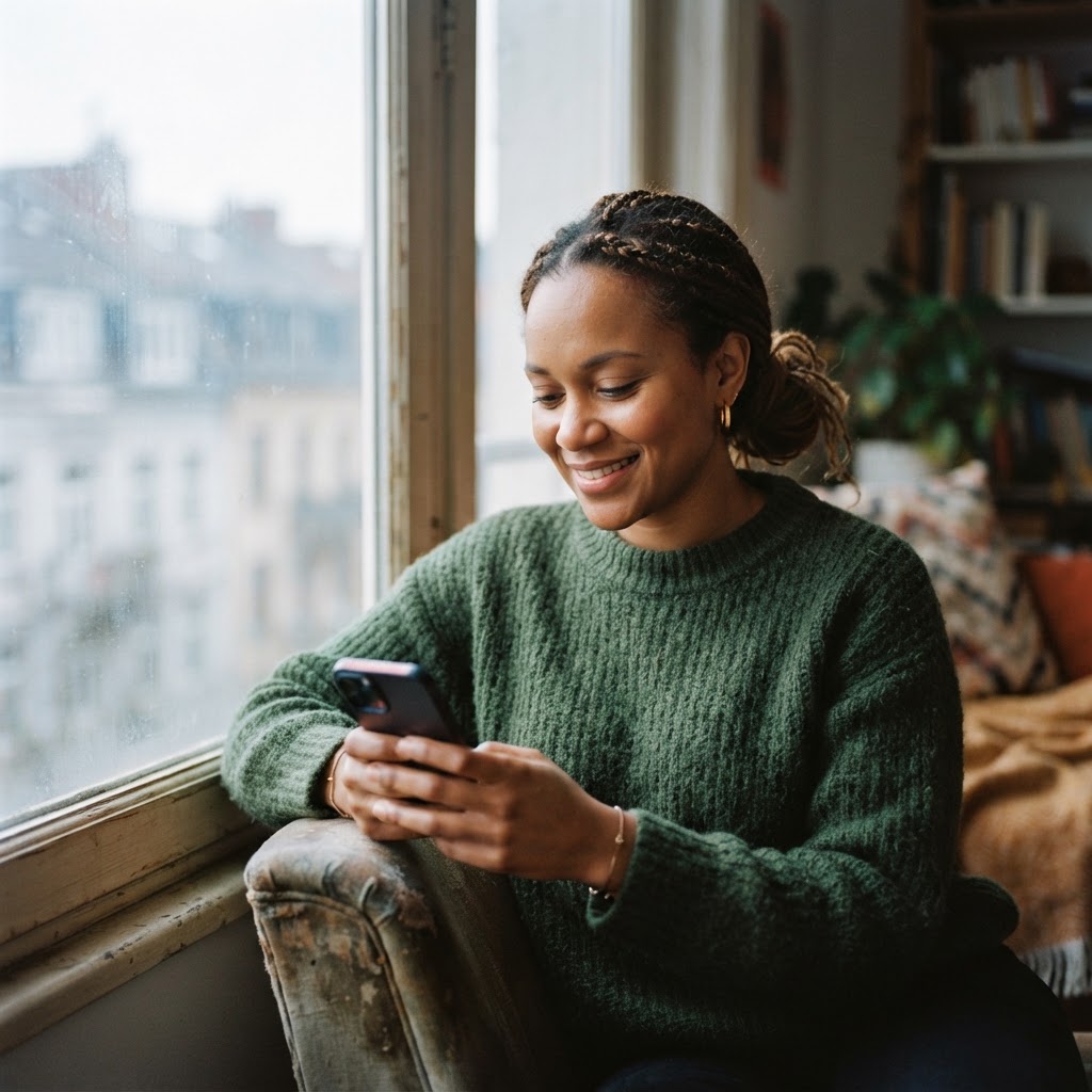 A Guyanese woman abroad arranging a delivery for her family on her phone