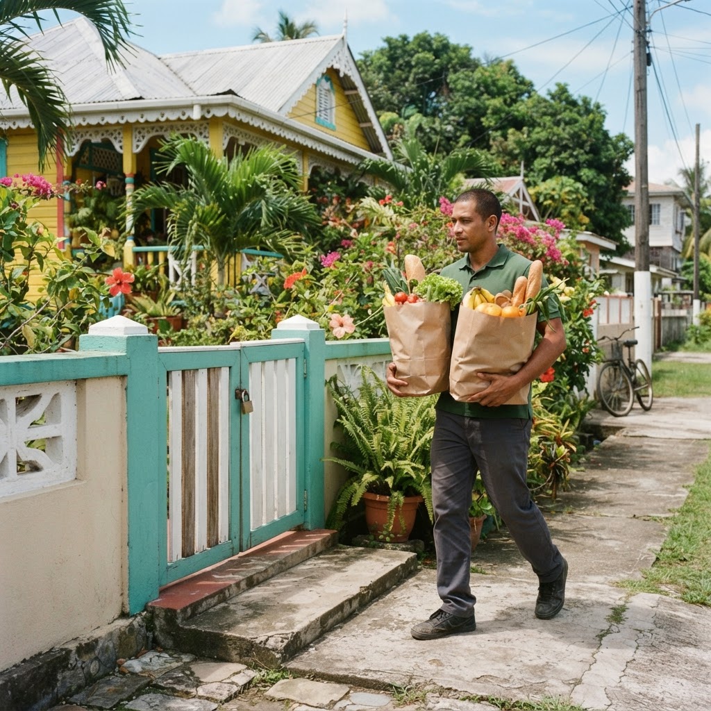 A ZIP.GY courier carrying grocery bags up to a house gate in Guyana