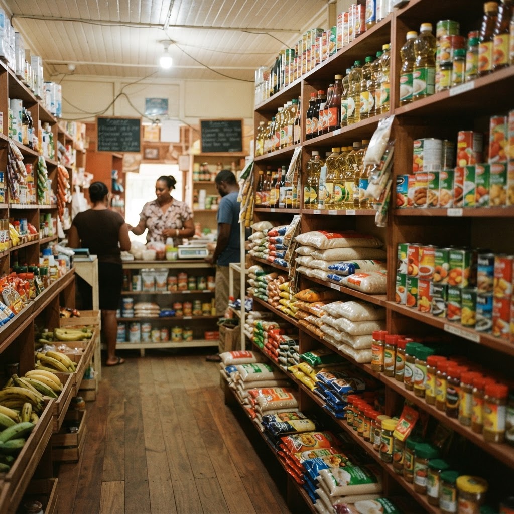 Shelves of rice, cooking oil, canned goods and seasonings in a local Guyanese grocery shop