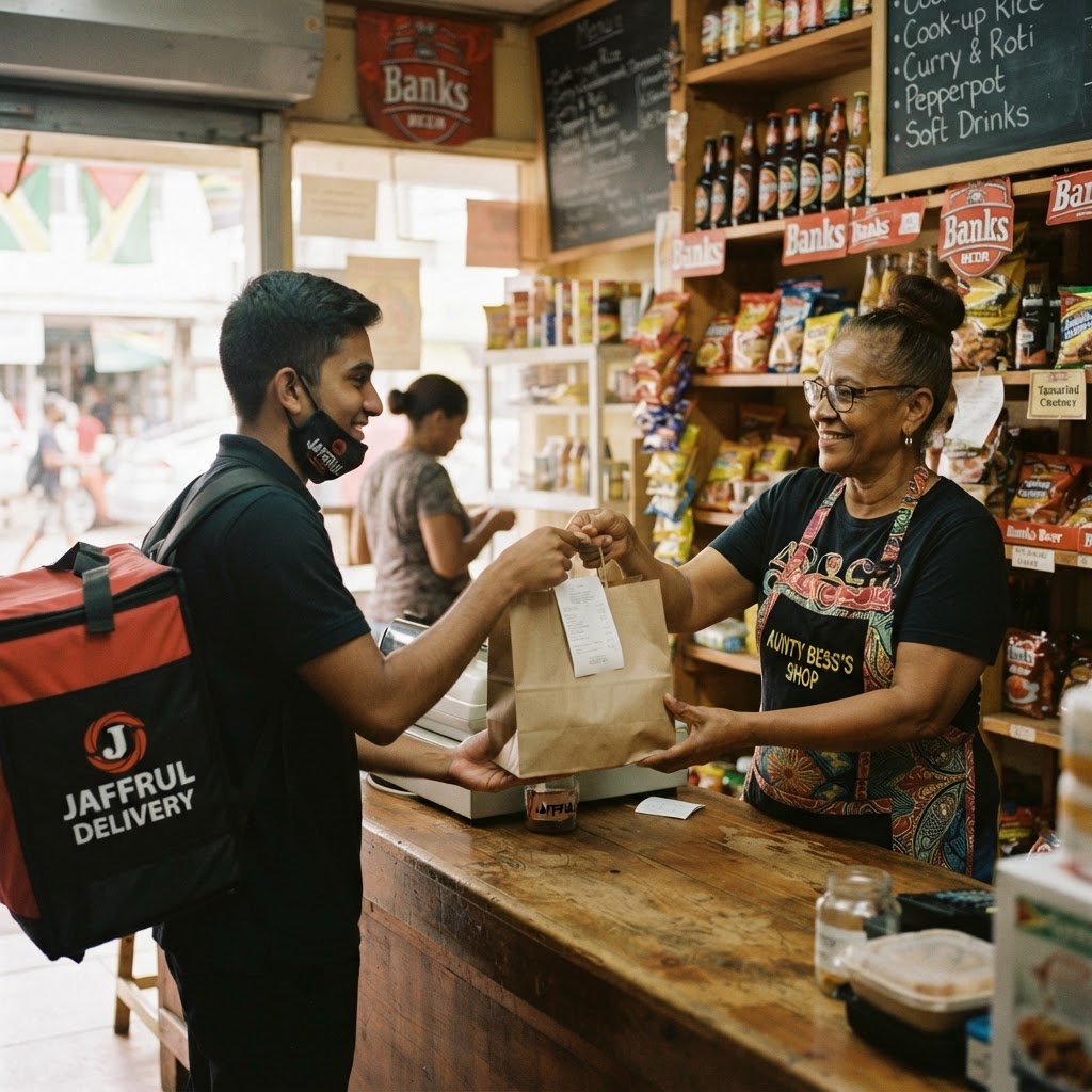 A Guyanese shop owner handing a packed order to a ZIP.GY courier