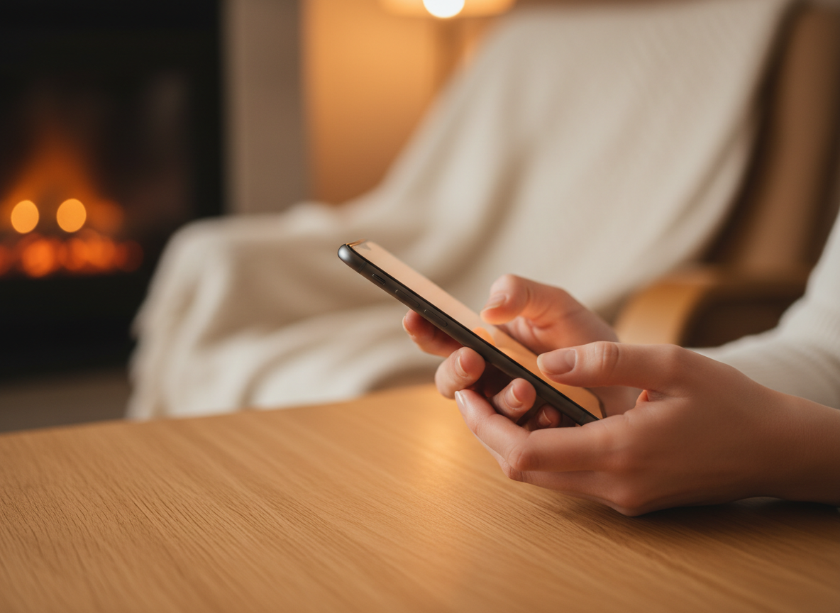 Mãos interagindo com smartphone em ambiente acolhedor