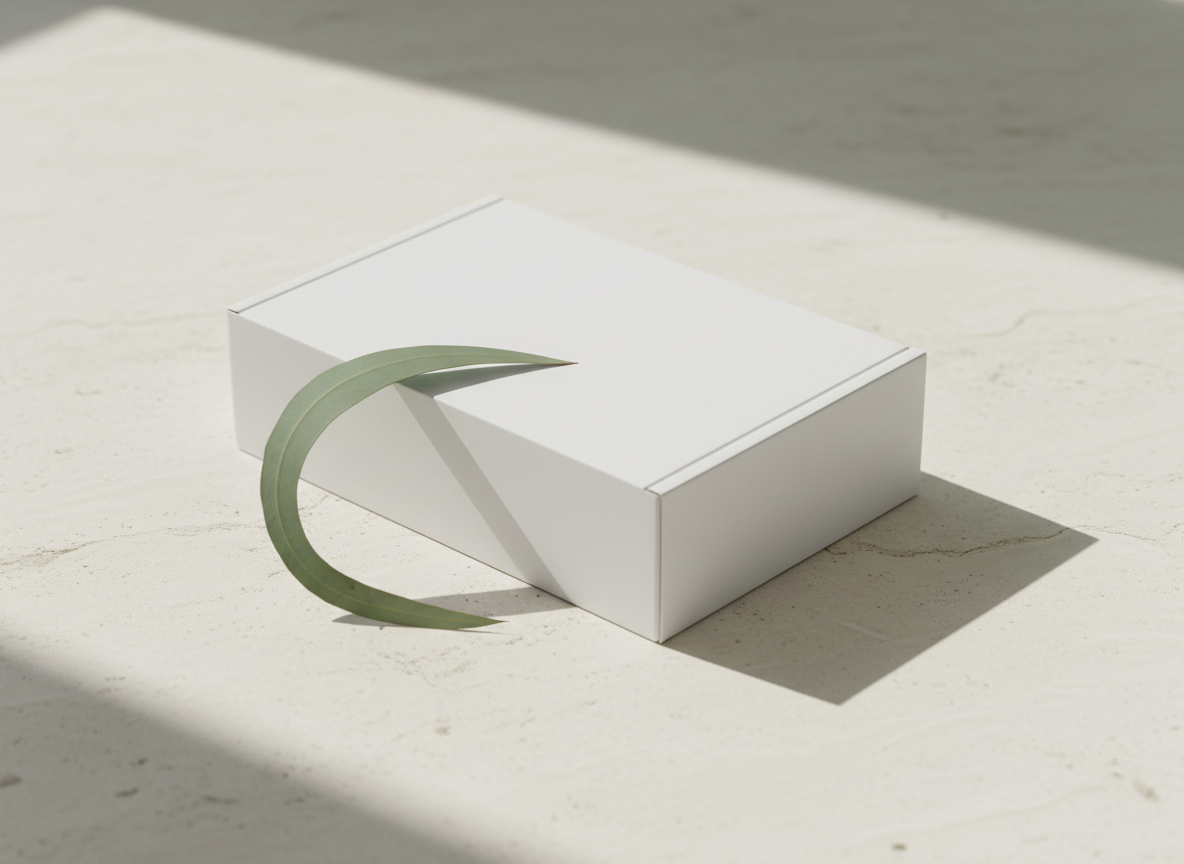 Caixa de envio minimalista sobre superfície de pedra