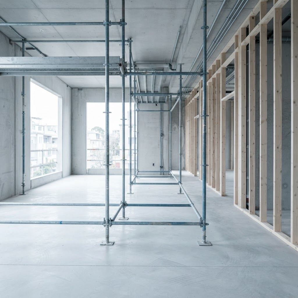 Innenraum während der Bauphase mit Sichtbetonwänden, Gerüst und Tageslicht