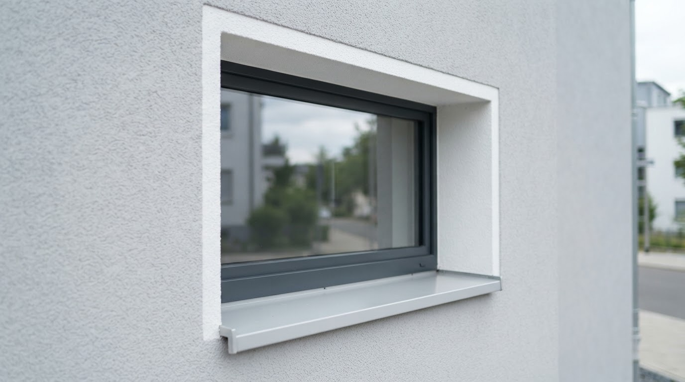 Detail eines Fensters in einer hellen Putzfassade