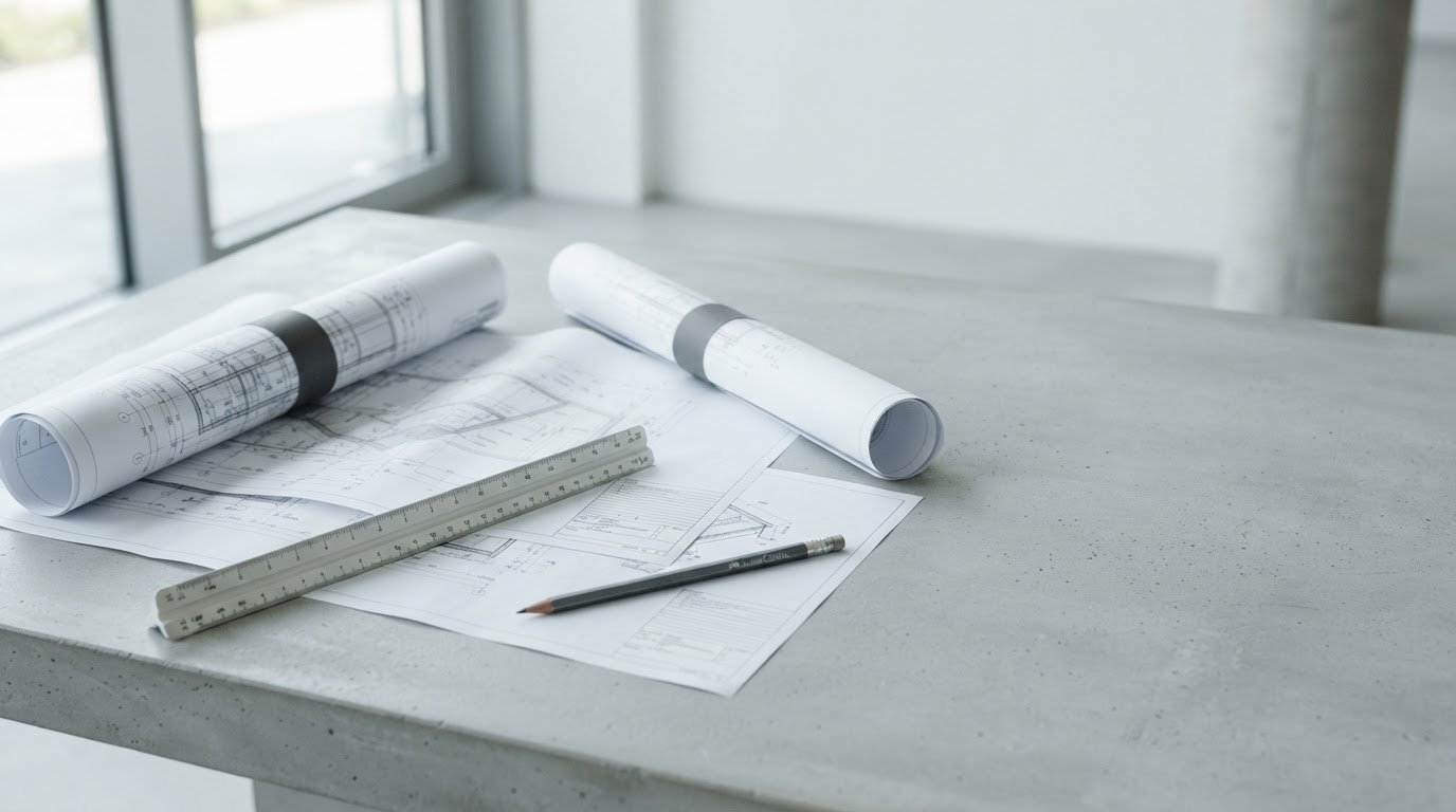 Technische Bauunterlagen, Planrollen und Zeichenstift auf einem hellen Tisch