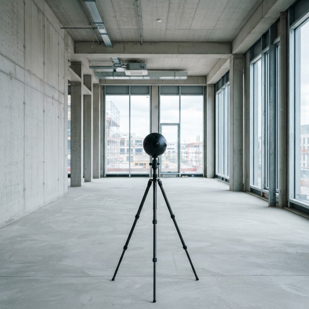 360°-Kamera auf einem Stativ in einem hellen, leeren Raum mit Sichtbetonwänden