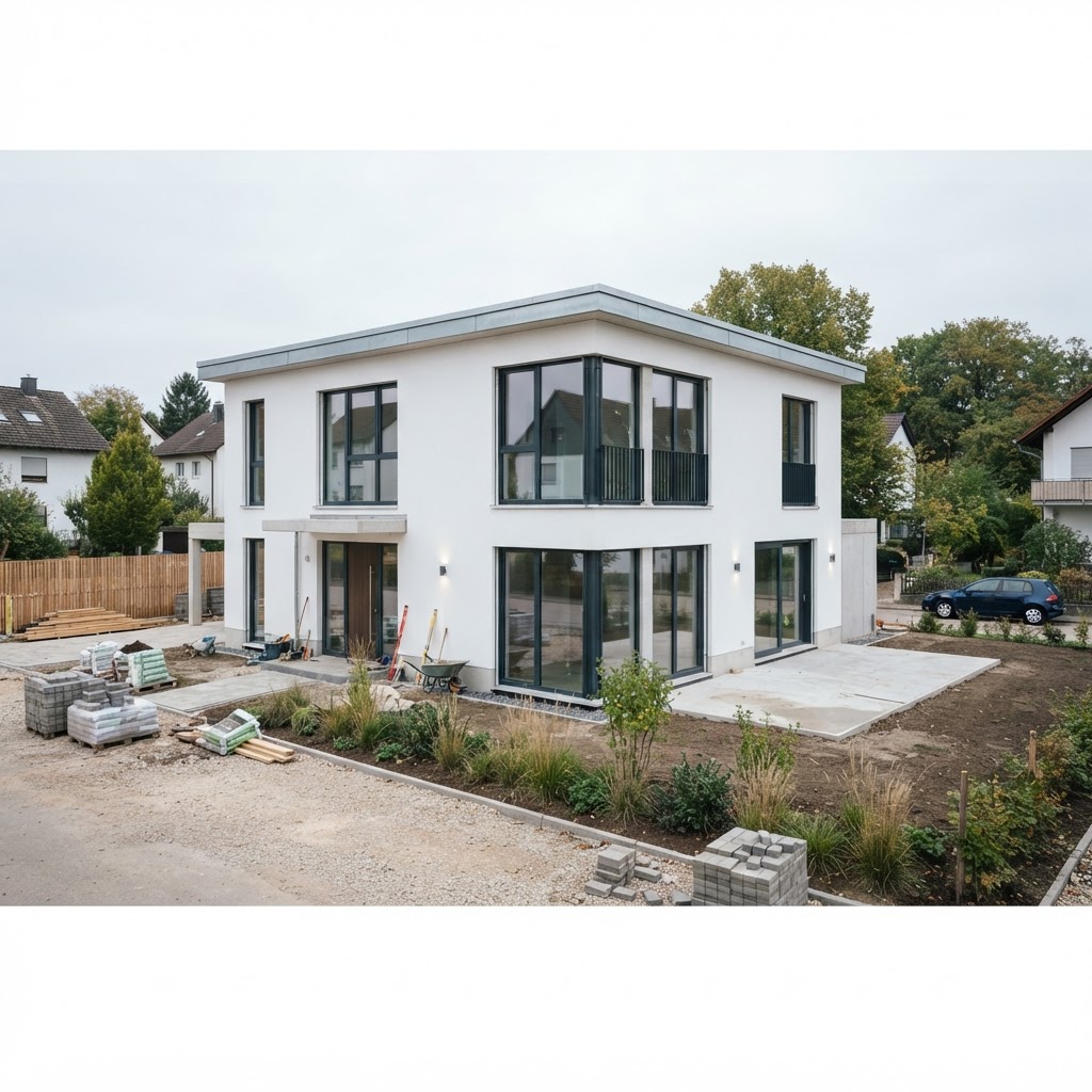 Nahezu fertiggestelltes modernes Einfamilienhaus mit heller Putzfassade und großen Fenstern