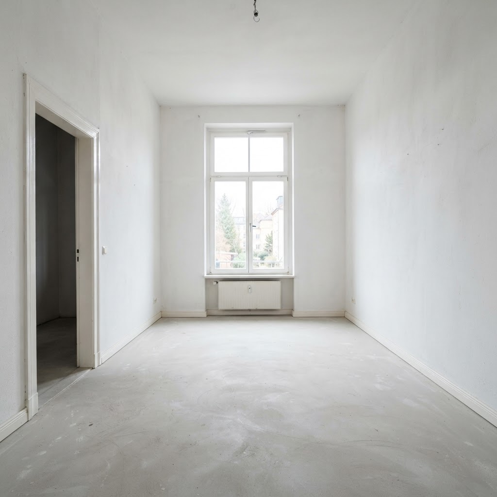 Leere Wohnung mit weißen Wänden und Tageslicht vor der Sanierung