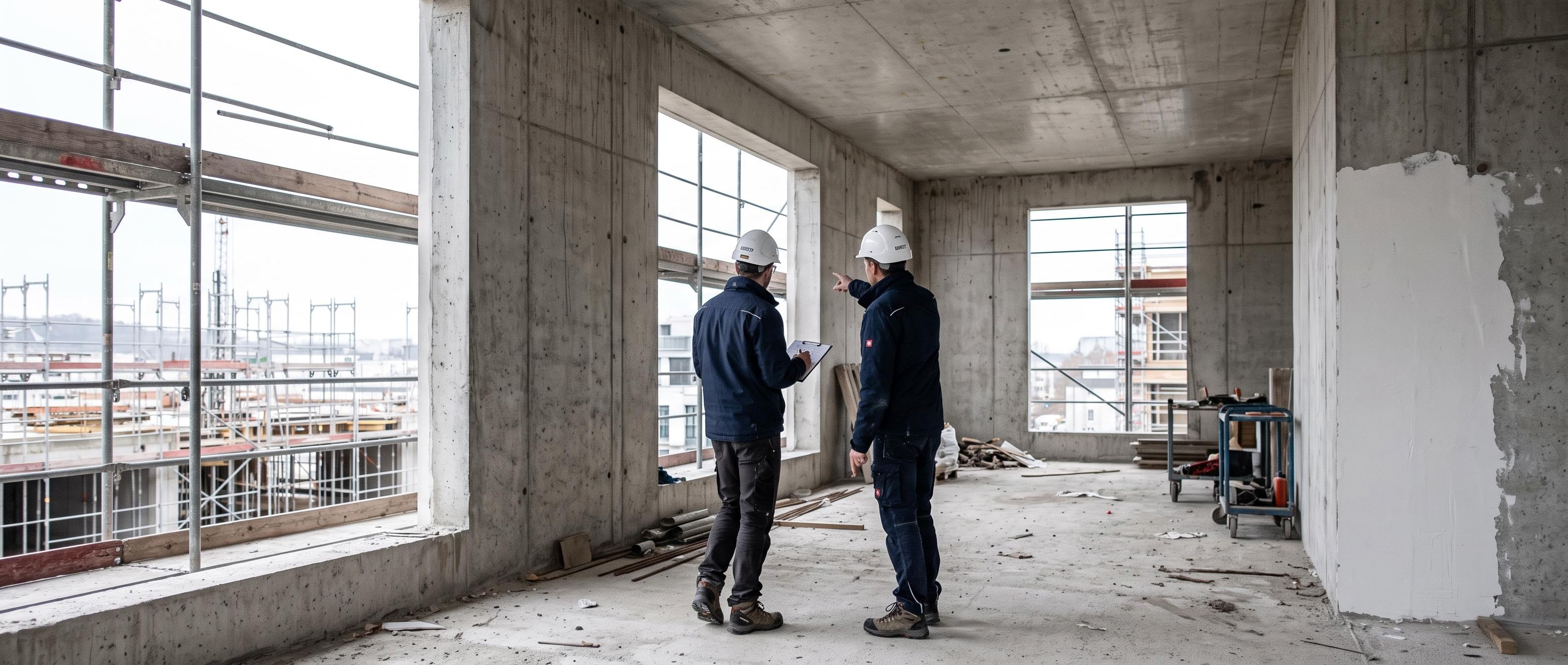 Zwei Fachleute mit Schutzhelmen bei der Begehung eines Rohbaus aus Sichtbeton
