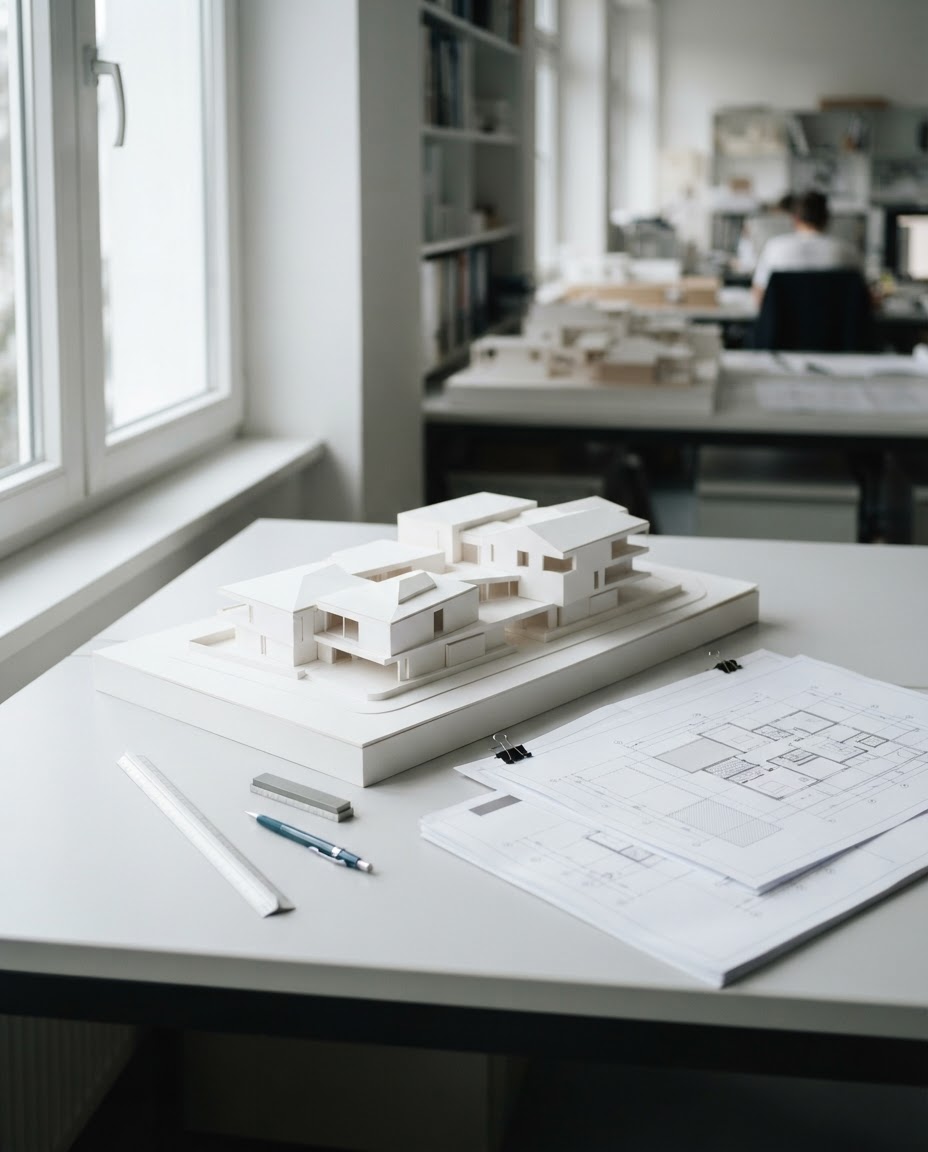 Arbeitstisch mit Architekturmodell und Grundrissplänen