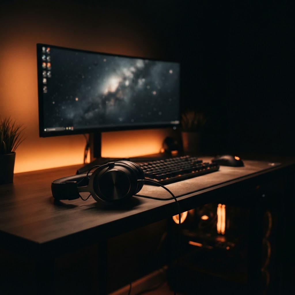 PC gaming setup with headphones for listening to music while gaming