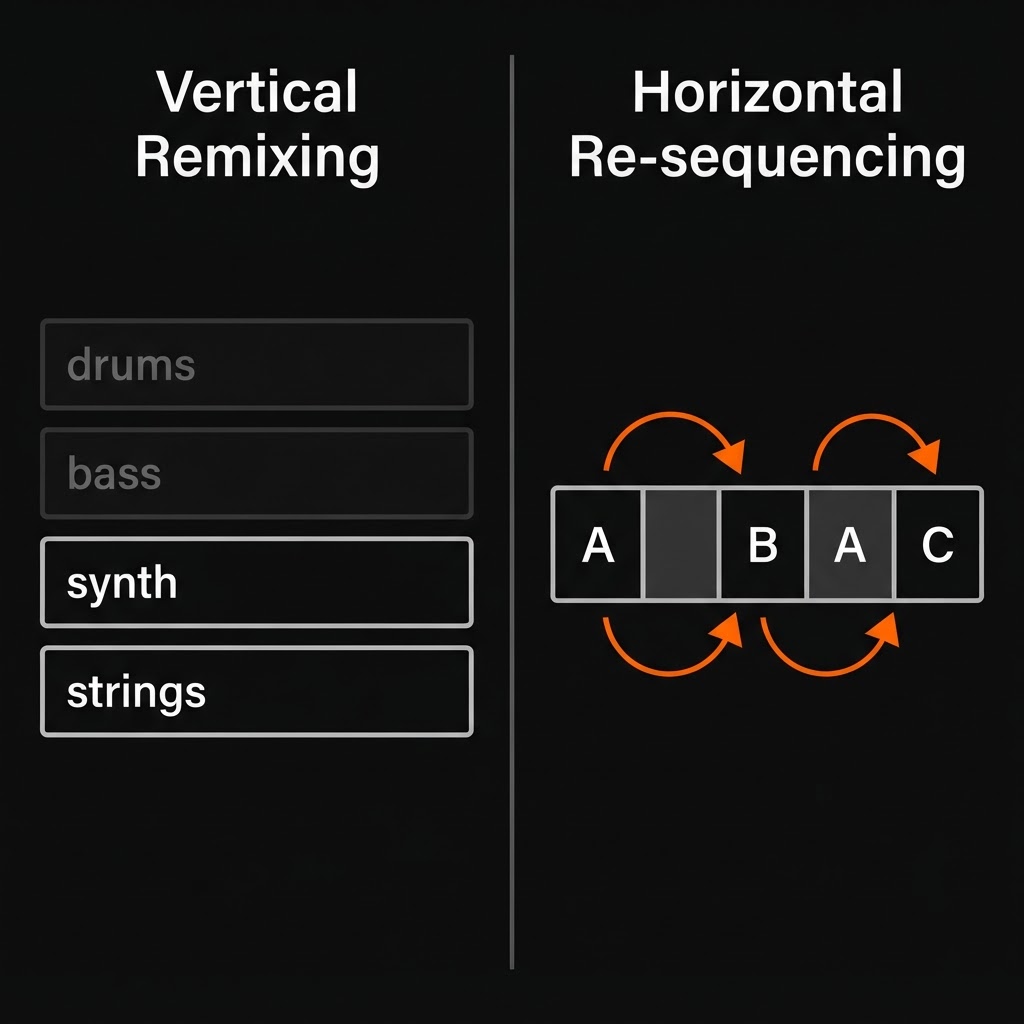 Diagram comparing vertical remixing and horizontal re-sequencing in adaptive music