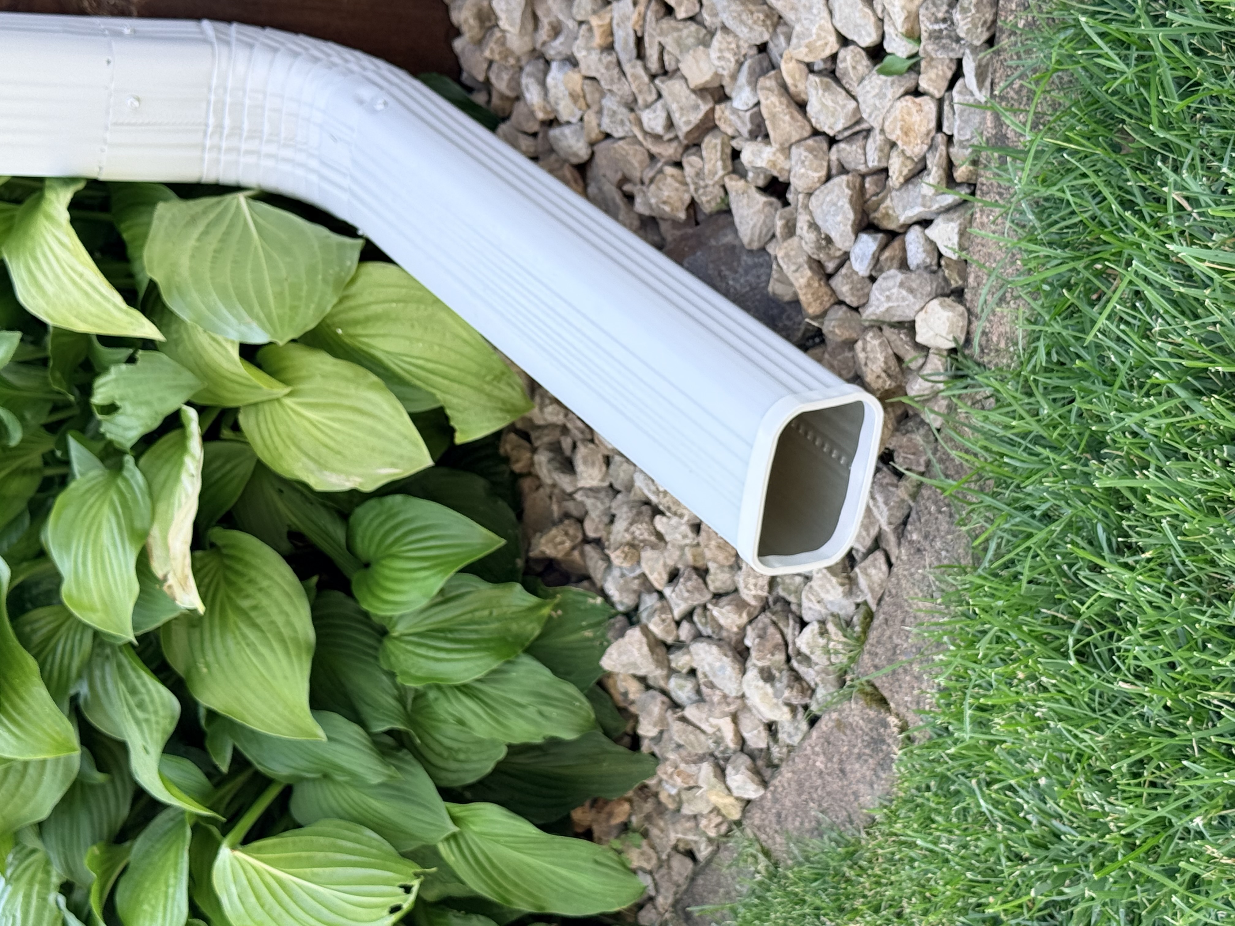 White SpoutTrim downspout elbow with a clean finished edge, over gravel beside hostas