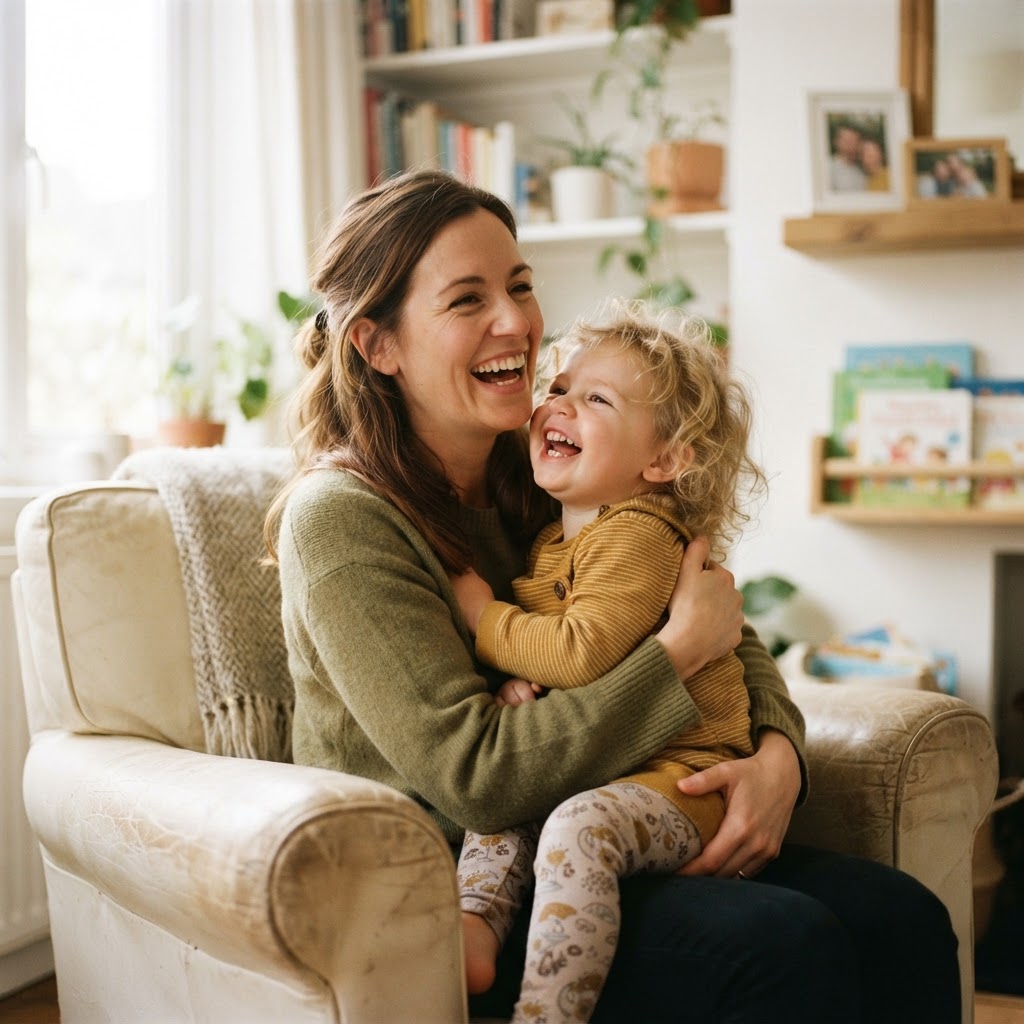 A happy child laughing with their mother