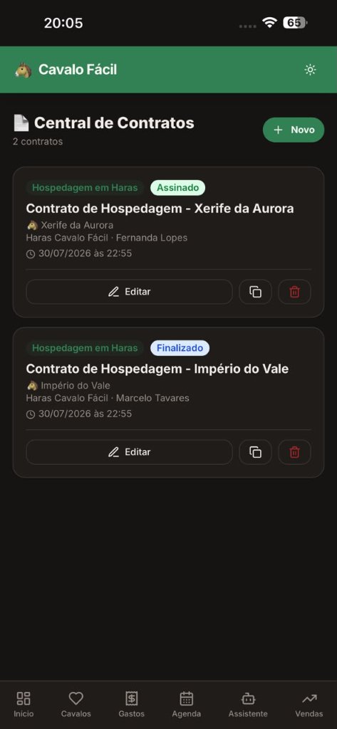 Baias e pastos com o cavalo e o dono de cada um