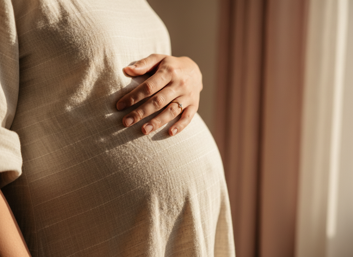 Mother gently touching her belly