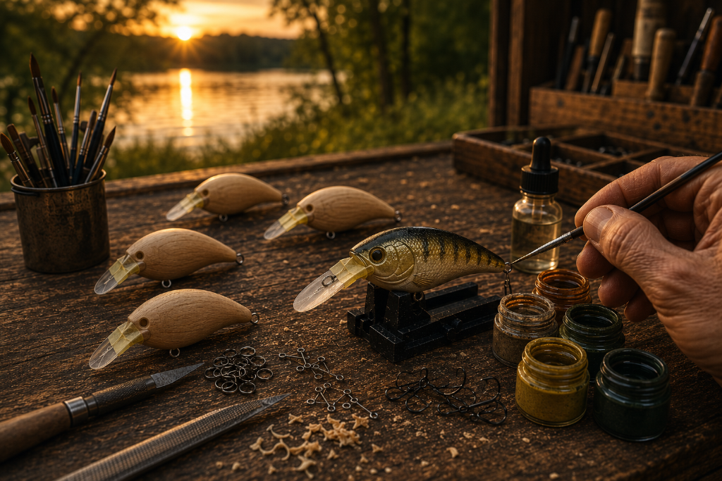 Fishing lures on workbench